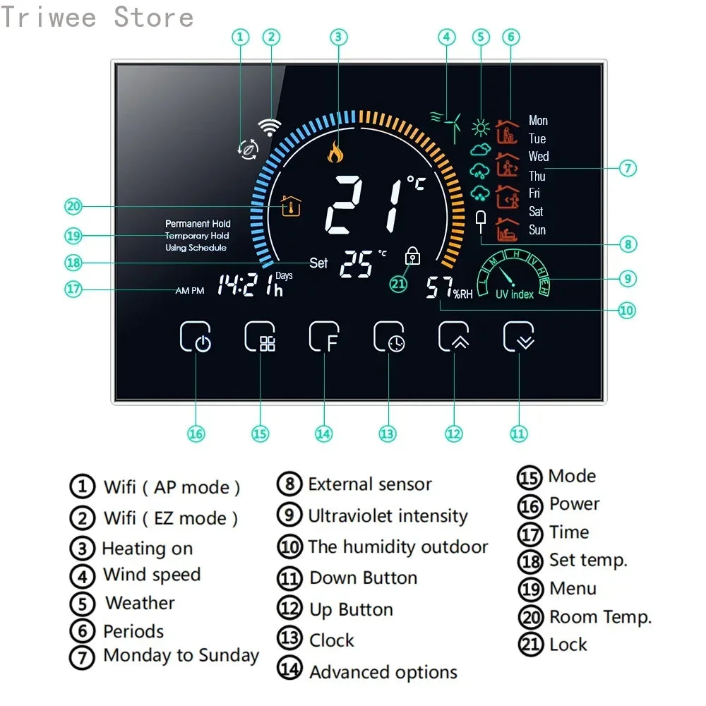 Smart WiFi Thermostat Temperature Controller for Gas Boiler Electric Underfloor | Thermostats | PC, ABS | 1.5W | 95-240V