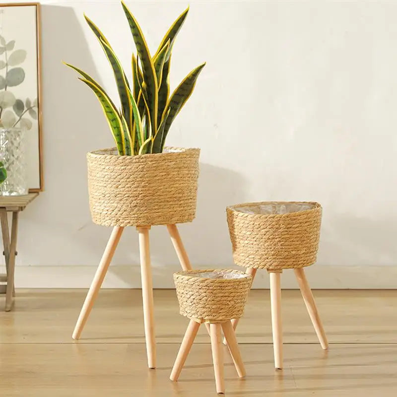 Wood Woven Plant Pot Standing Legs | Decorative Item | wood | Elegant Home Decor