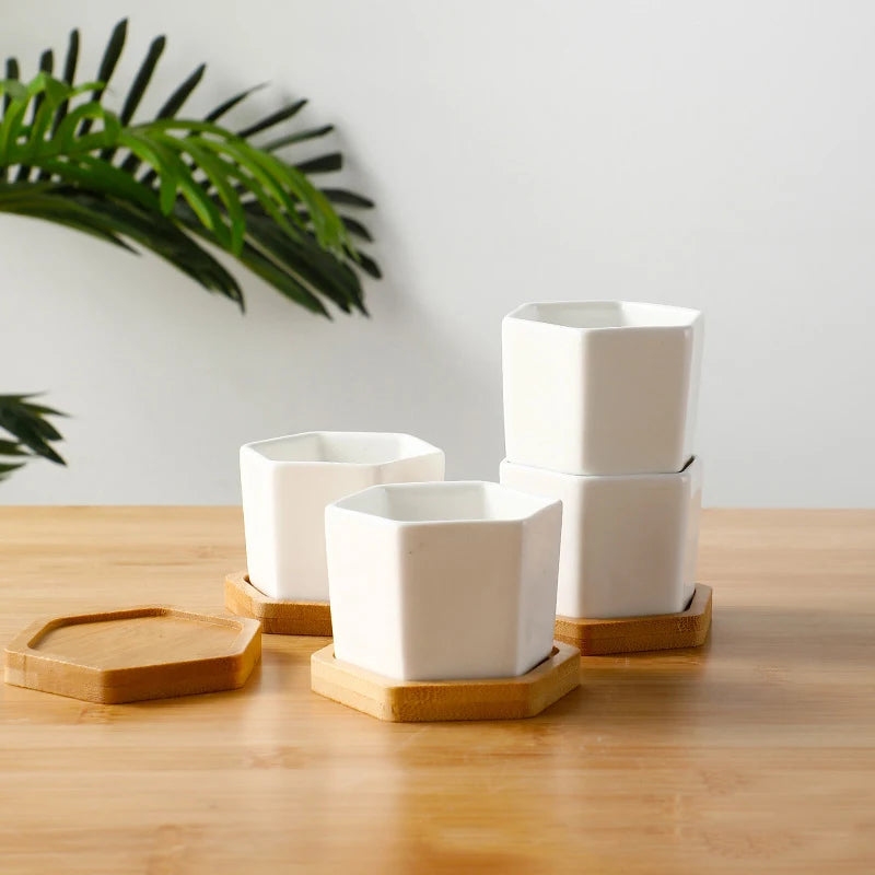 Ceramic Flowerpot White Hexagon Ceramic Pot | Decorative Tray | ceramic | Elegant Home Decor
