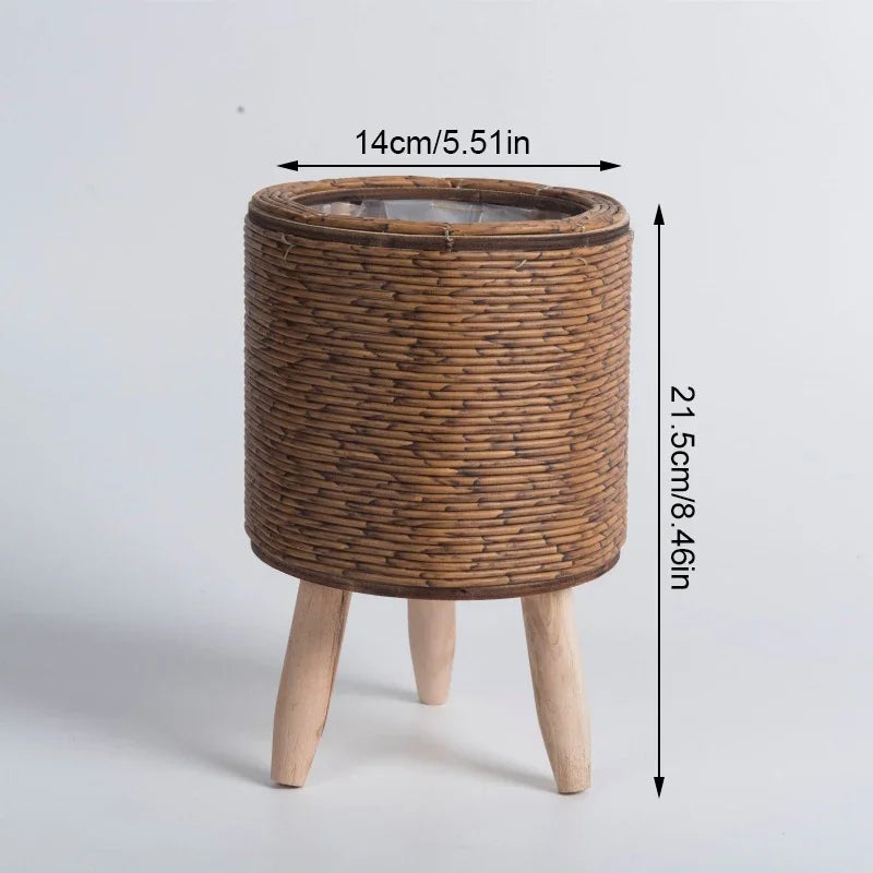 Rustic Wicker Plant Pot Wooden Legs | Decorative Item | straw | Elegant Home Decor