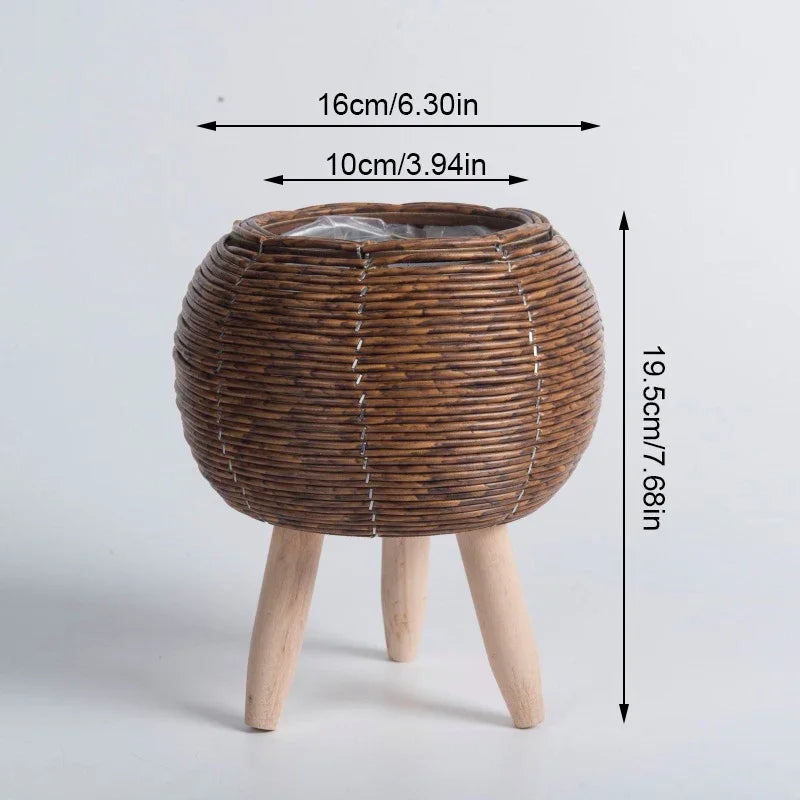 Round Woven Rattan Planter Wooden Legs | Decorative Item | straw | Elegant Home Decor