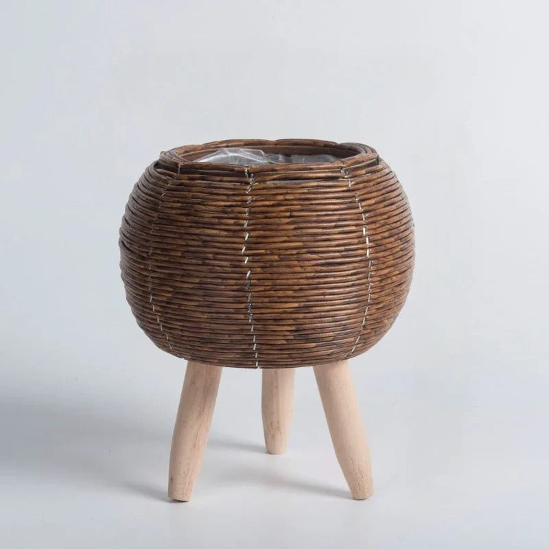 Round Woven Rattan Planter Wooden Legs | Decorative Item | straw | Elegant Home Decor