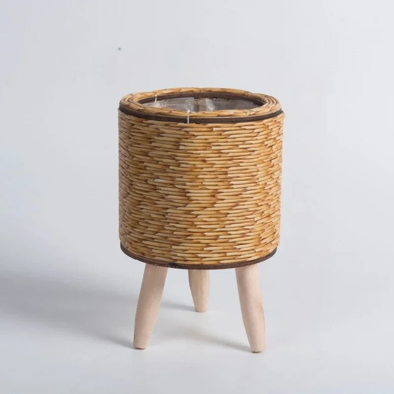 Handwoven Rattan Planter with Tripod Stand | Decorative Item | straw | Elegant Home Decor