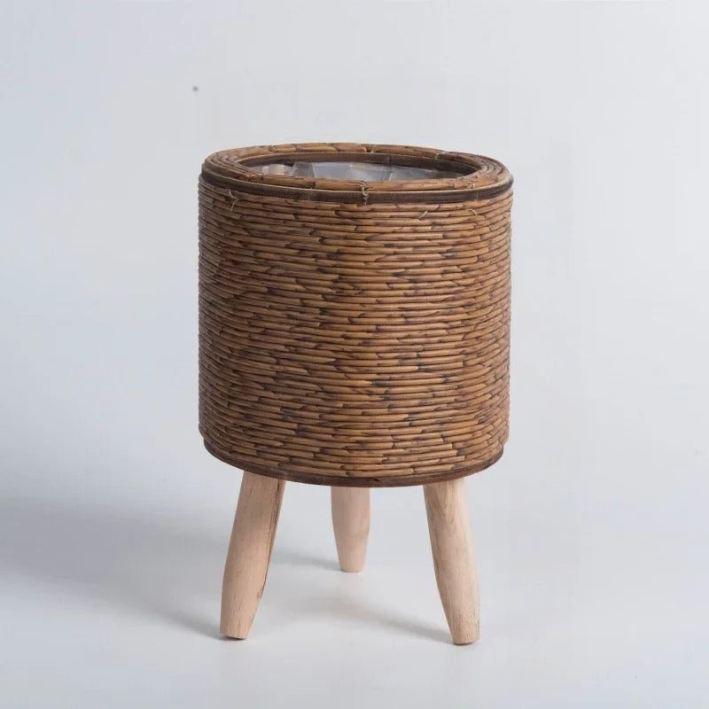 Rustic Wicker Plant Pot Wooden Legs | Decorative Item | straw | Elegant Home Decor