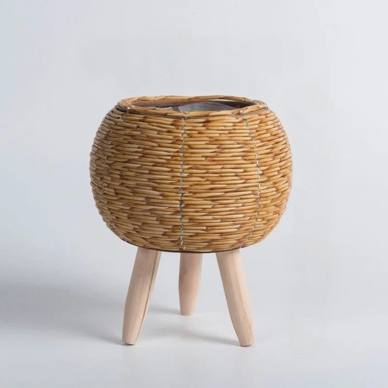 Natural Wicker Flower Pot Wooden Stand | Decorative Item | straw | Elegant Home Decor