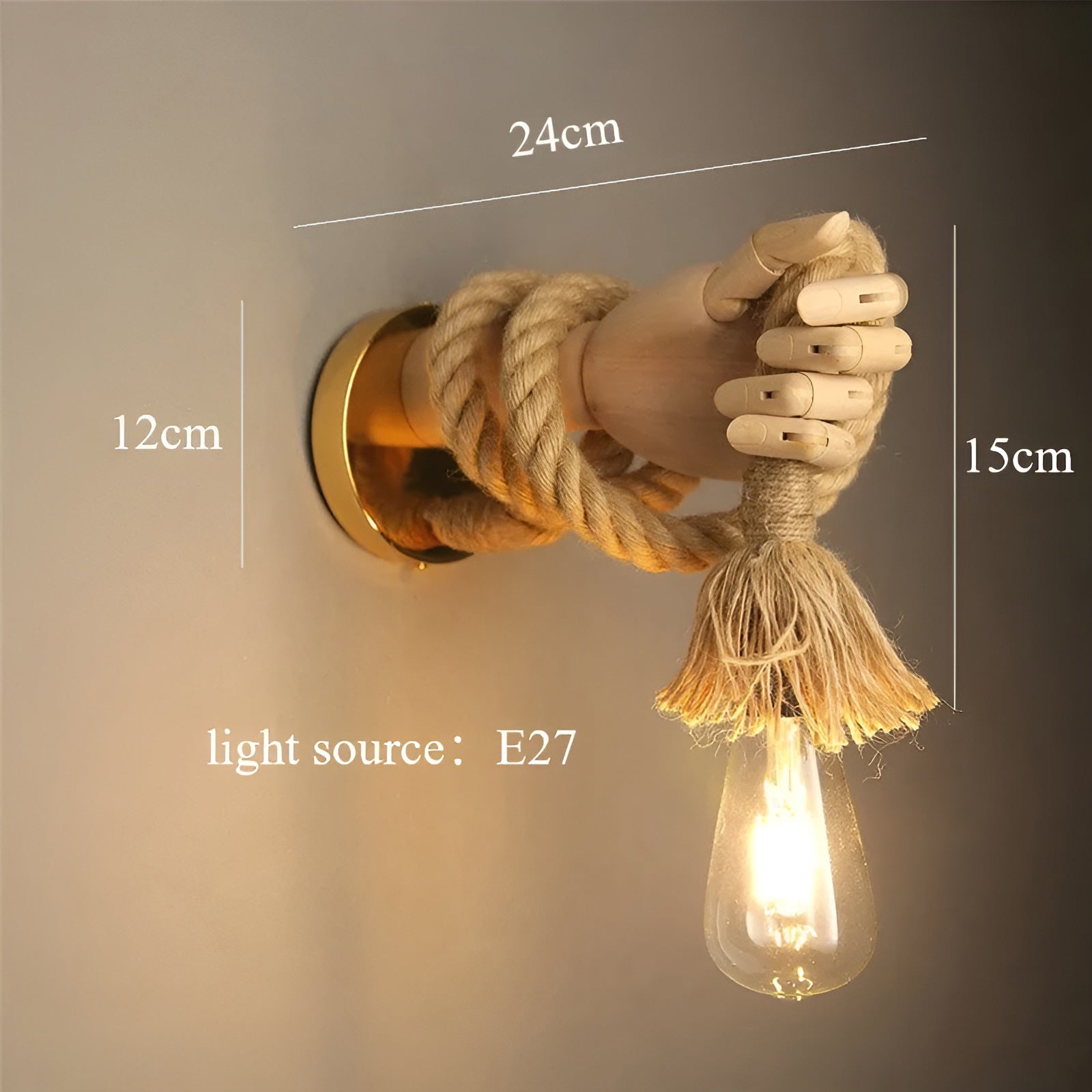 RetroHand Lamp Handmade Hemp Rope | Wall Lamp | iron/wood | 20V | Elegant Wall Illumination