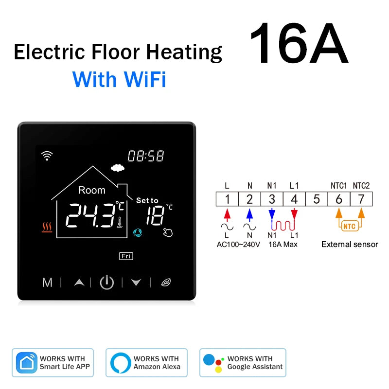 Tuya Smart Home Wifi Room Thermostat For Underfloor Heating Smart Thermostat | Thermostats | PC, Glass | 1W | 100-240V