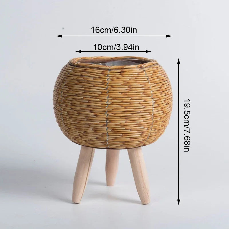 Natural Wicker Flower Pot Wooden Stand | Decorative Item | straw | Elegant Home Decor