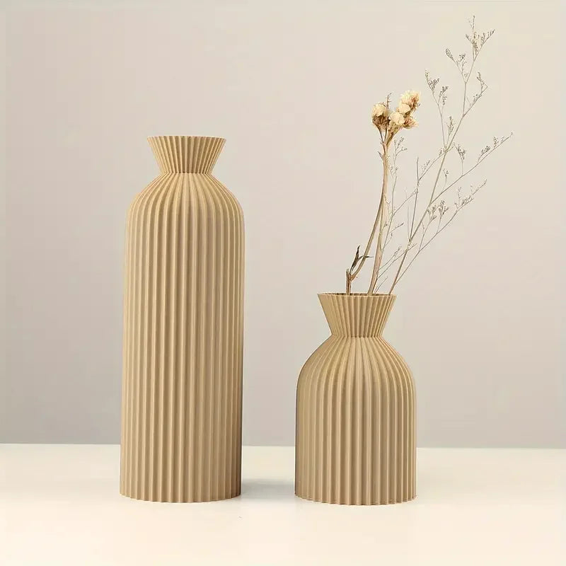 Textured Beige Vase Set Modern Ribbed | Vase | plastic | Elegant Home Decor