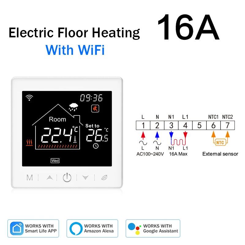 Tuya Smart Home Wifi Room Thermostat For Underfloor Heating Smart Thermostat | Thermostats | PC, Glass | 1W | 100-240V